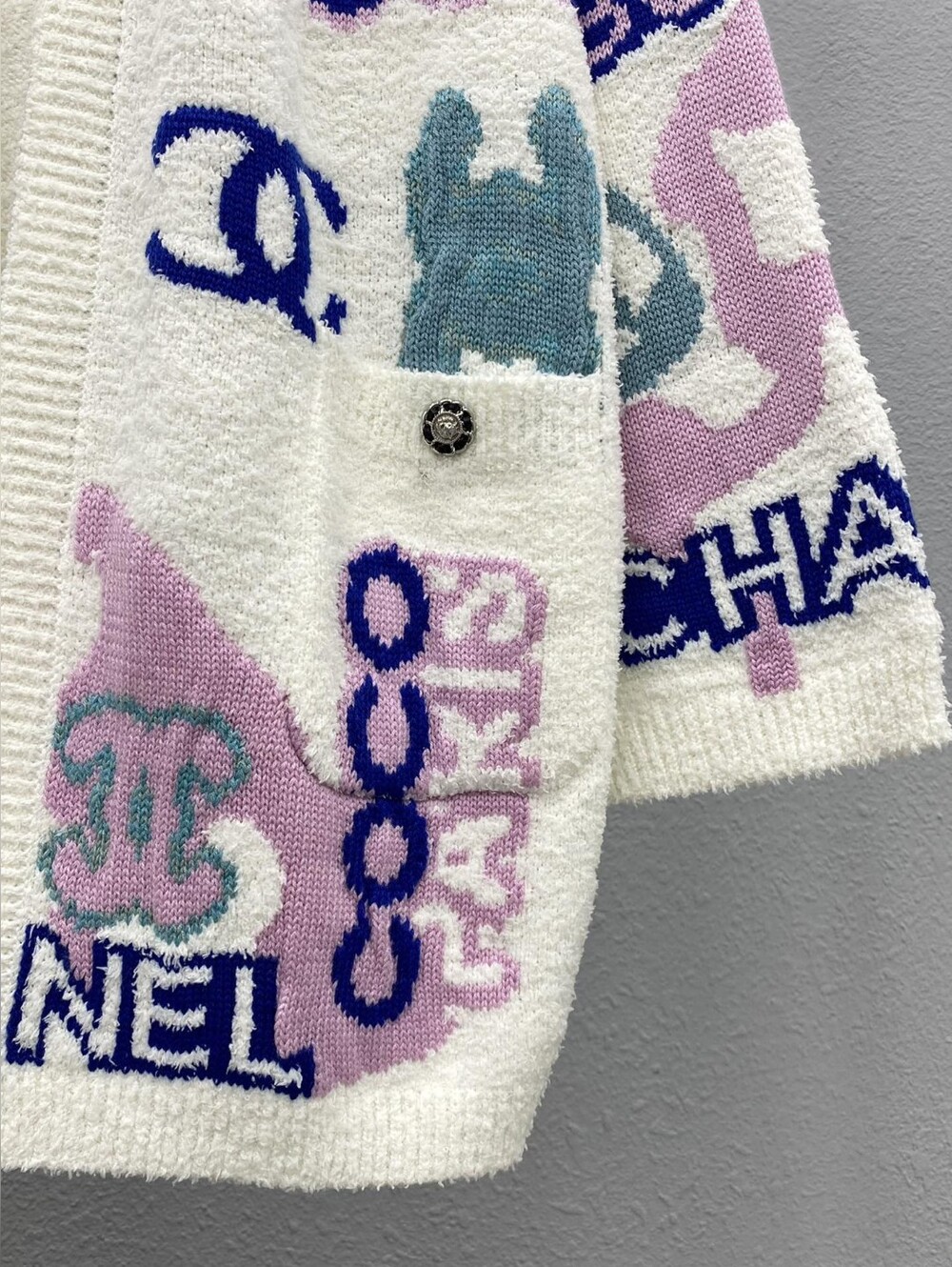 CHANEL with Pink & Blue Accents Knit Logo Graphic Cardigan Sweater - Picture 7 of 9